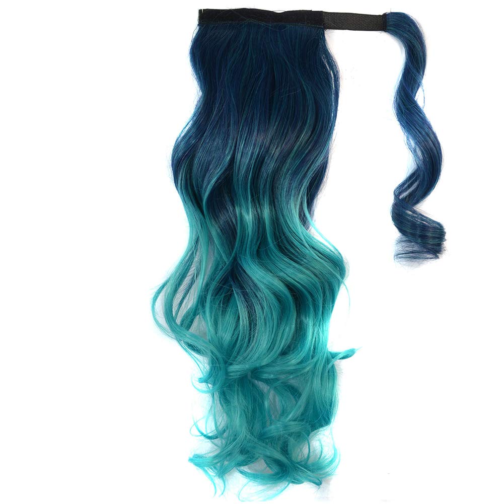 Colorful Ombre 2 Tone Cosplay Ponytail Hair Extension Body Wavy Fake One Piece Clip in Warp Around Pony Tail Dark Green/Green