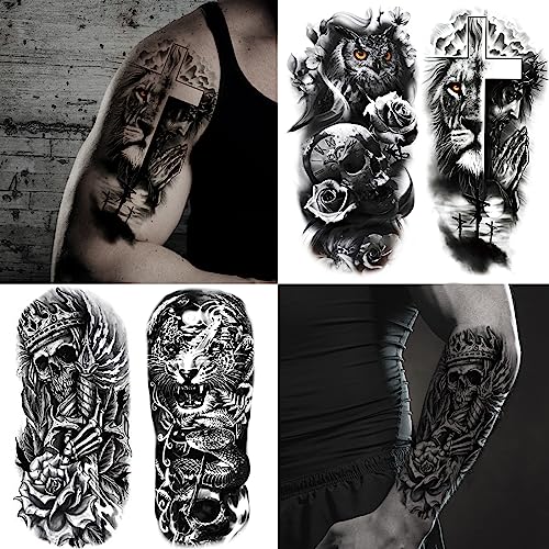 JEEFONNA 82 Sheets Temporary Tattoo for Men Women Adults, Include 12 Sheets Black 3D Half Sleeve Temporary Tattoos, Halloween Tattoos Scary Lion Wolf Tiger Skull Skeleton Tattoos Stickers