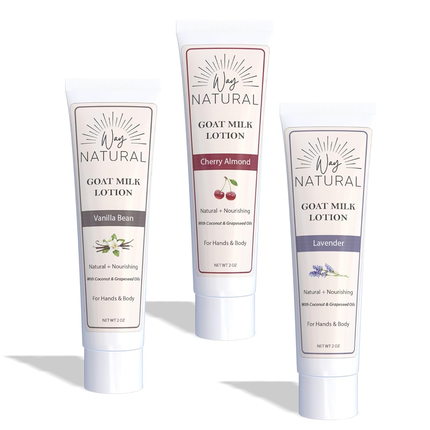 Way Natural Goat Milk Lotion, Variety - Body & Hand Lotion Set - Dry Skin Relief, USA Made - Goat Milk Hand Cream for Women & Men - Lavender, Cherry Almond, Vanilla Bean - 3 (2oz) Tubes