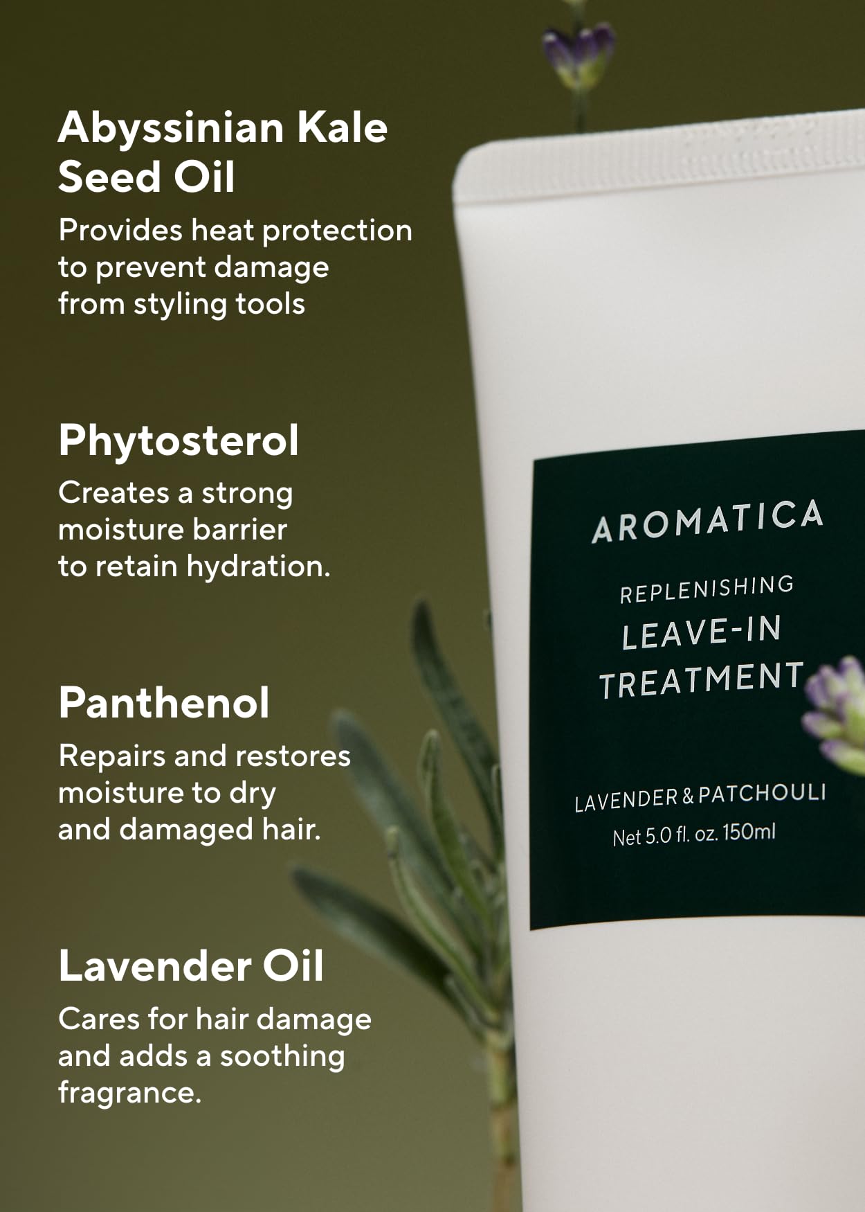 AROMATICA REPLENISHING LEAVE-IN TREATMENT LAVENDER & PATCHOULI 5.0fl oz/150ml - Silicone-Free Leave In Conditioner for Damaged Hair & Heat Protection, No-Rinse Formula