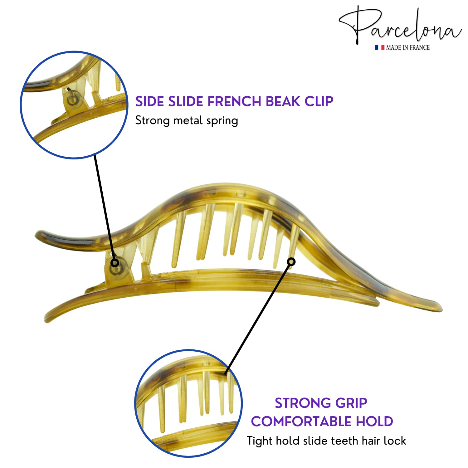 Parcelona France Wide Beak Celluloid Light Tortoise Shell Side Slide In Hair Claw Clip Clamp Clutcher (Light Shell)