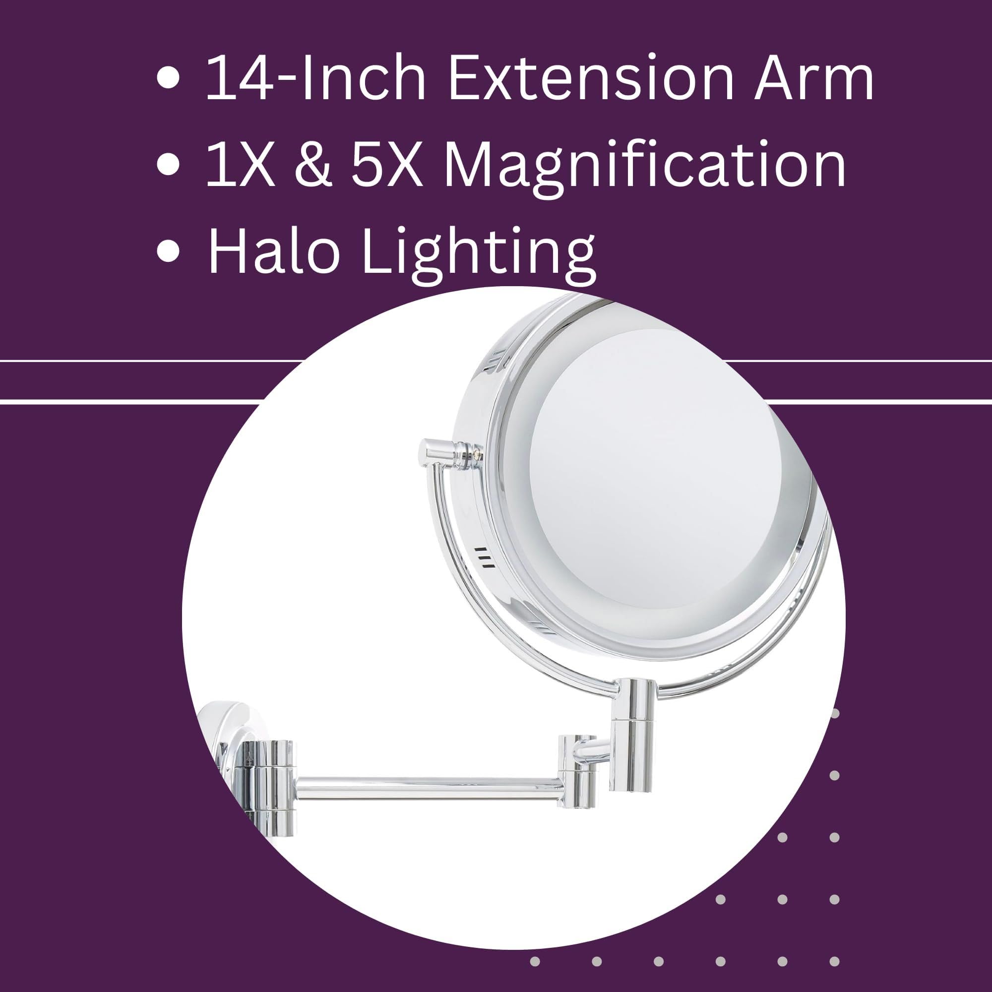 Jerdon HL65C 8-Inch Lighted Wall Mount Makeup Mirror with 5x Magnification, Chrome Finish