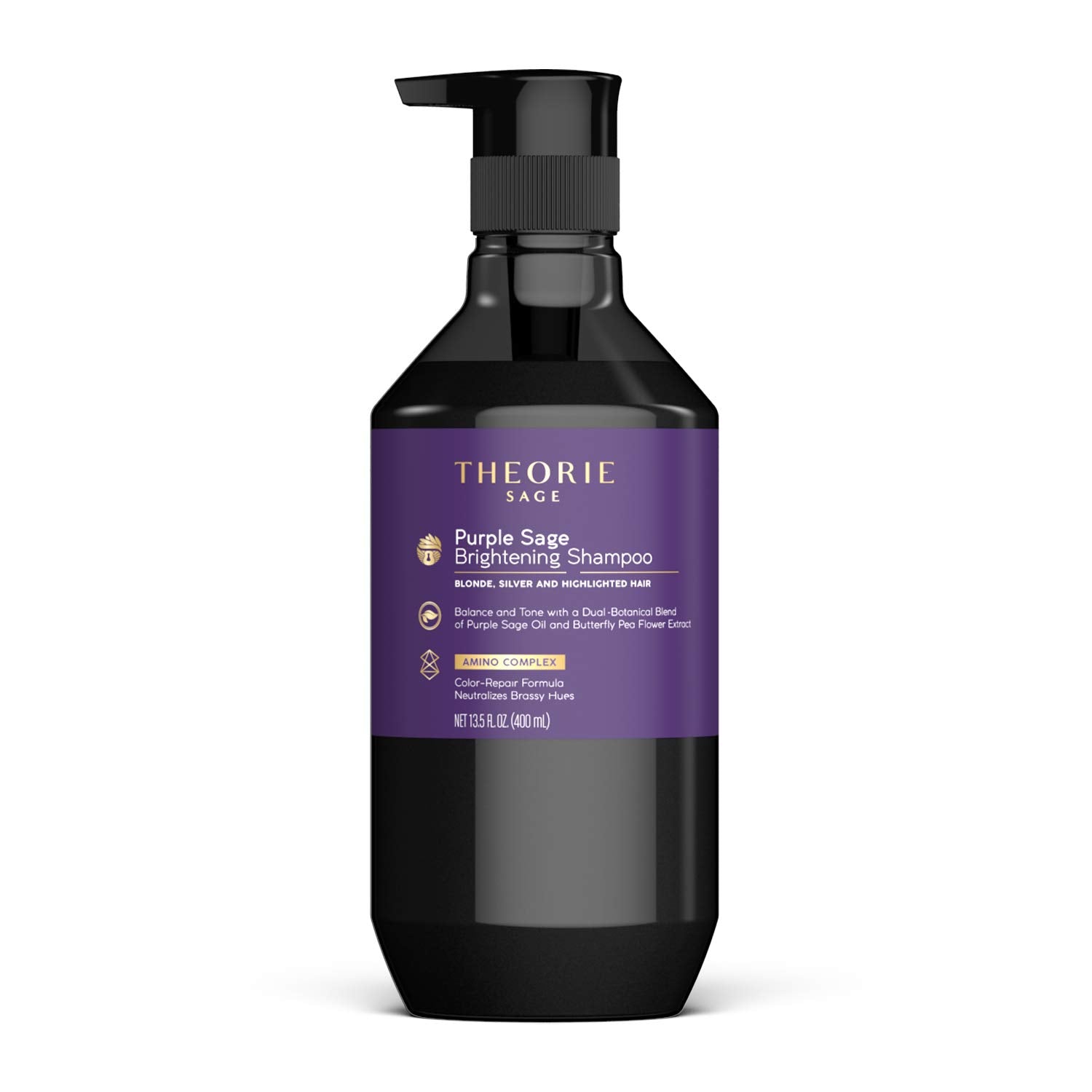 THEORIE Purple Sage Brightening Shampoo- Balance, Tone & Brighten Blonde, Silver, Grey, Bleached, Color Treated or Highlighted Hair, Eliminate Brassiness & Yellowing, 400mL