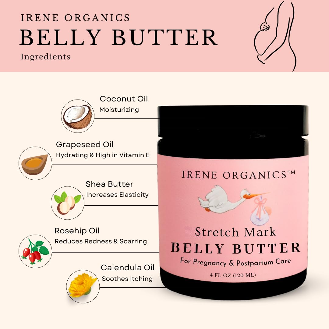 Organic Belly Butter for Pregnancy Stretch Mark Prevention and Treatment by Irene Organics - Award Winning Anti Stretch Mark Tummy Balm For Pregnancy and Postpartum 4oz - Hydrating Bump Cream