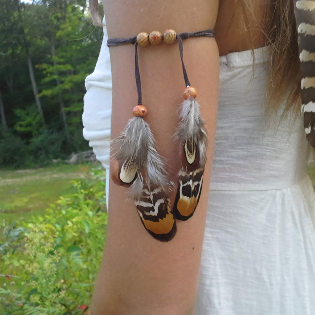 Set of 2 Gypsy Hippie Feather Headband Headdress and Armband Bohemian Headwear Headpiece Handmade Tribal Indian Fascinator Feather Hairband Hair Accessories for Women Lady (A#)