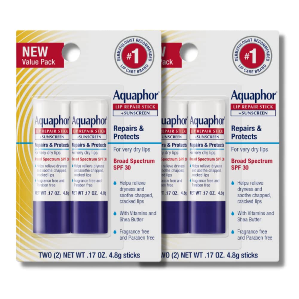 Aquaphor Lip Repair and Protect Stick with Sunscreen, Broad Spectrum SPF 30 Sunscreen Lip Balm, 0.17 Oz Stick, Pack of 4