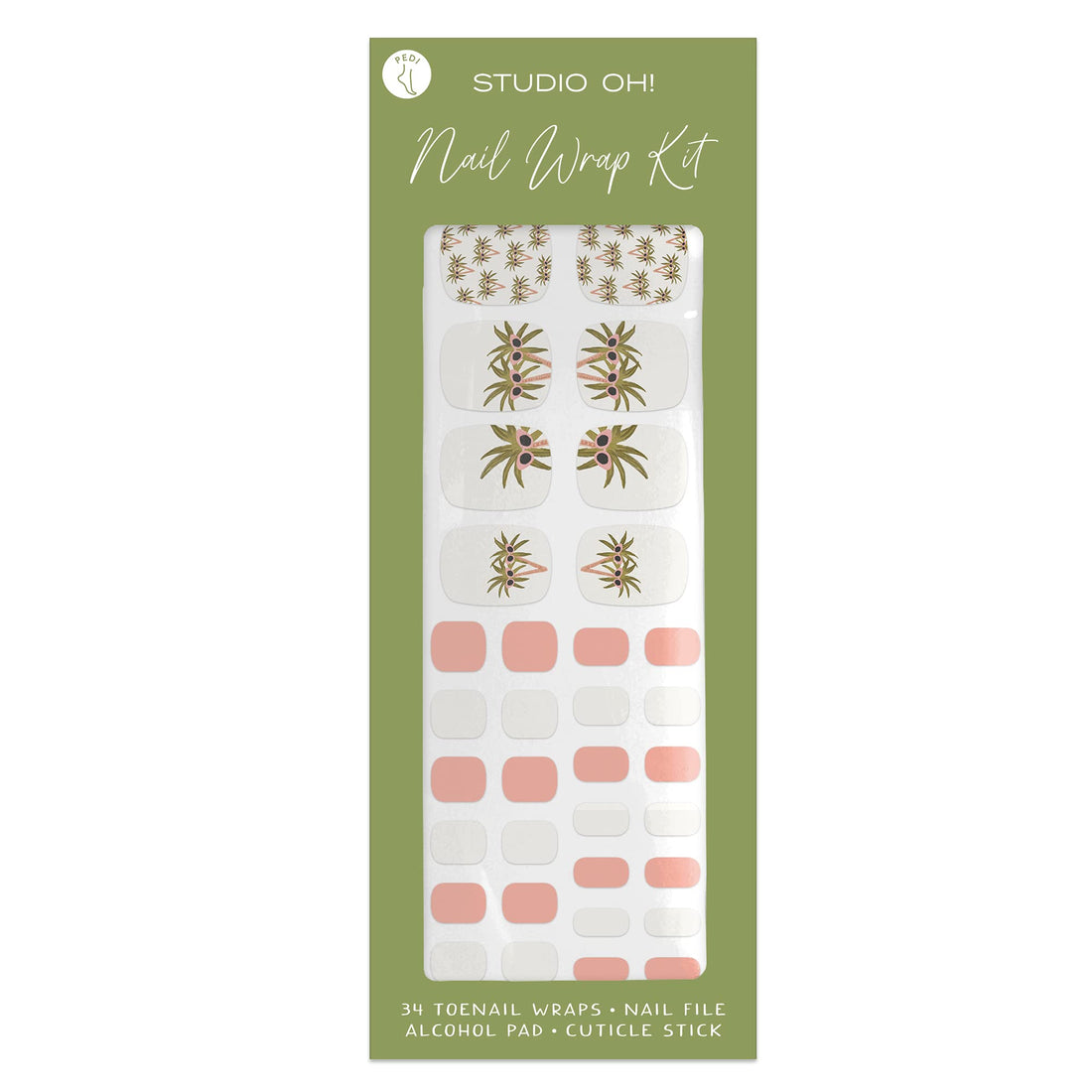 Studio Oh! Pedi Nail Wrap Kit - 22 Decorative Nail Wraps & Stickers, Various Designs & Colors with Application Tools - Easy Apply, Lasts up to 1 Month, Chip-Resistant - Sunny Palms