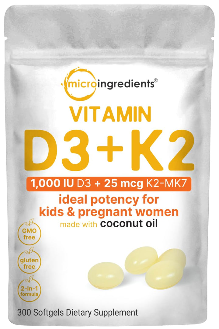 Micro Ingredients Vitamin D3 1,000 iu Plus K2 (MK-7) 25 mcg, 300 Virgin Coconut Oil Softgels | 2 in 1 Vitamins D & K Complex | Ideal Potency for Kids & Pregnant Women – Easy to Swallow