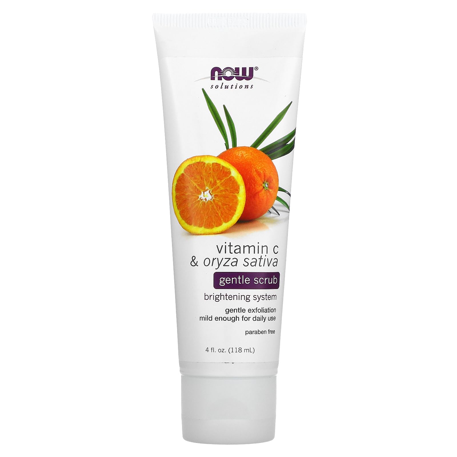 NOW Foods Solutions, Vitamin C and Oryza Sativa Gentle Scrub, Brightening System, Gentle Mild Exfoliation for Daily Use 4-Ounce