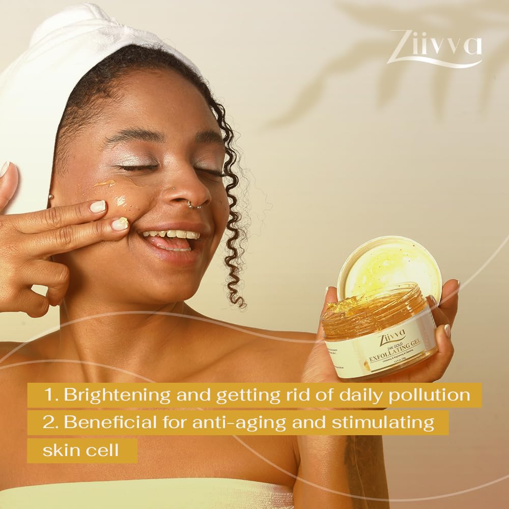 ZIIVVA 24K Gold Exfoliating Gel - Face Scrub & Body Peeling - 100% Pure Gold Face Scrub & Exfoliator - Skin Care Facial, Exfoliating Gel for Dark Spots - Gentle Scrubber Wash