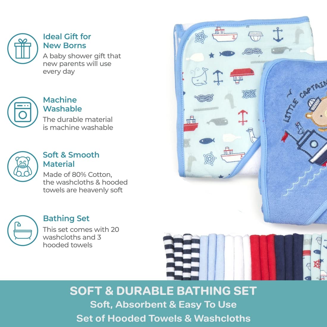 Spasilk Bath Hooded Towels & Washcloths Set for Babies, 23-Piece Gift Set, Navy Nautical, (Gift GBA23 2201)