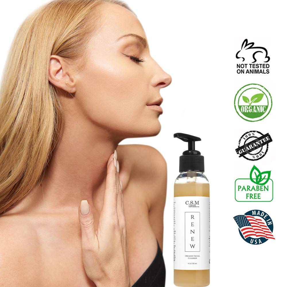 C.S.M. RENEW Face Wash - Organic Anti Aging Face Wash for Smoother, Radiant Skin - Facial Cleanser with Elderberries, Aloe Vera, Rose Petals, White Willow Bark, and Lavender (4 oz)