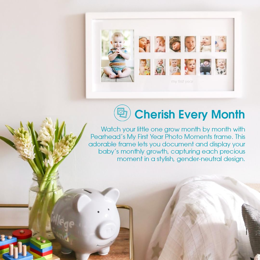 Pearhead My First Year Photo Moments, Baby's First Twelve Months Photo Collage and Gender Neutral Keepsake, Ideal for Baby Shower, New Mom Gift and Nursery Decor, 13 Photo Inserts, White