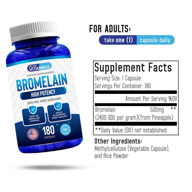 We Like Vitamins Bromelain 500mg Capsules - 2400GDU/g - Bromelain Supplement from Pineapple Extract - Proteolytic Enzymes for Digestion, Absorption, Joint Pain, Muscle Soreness - 180 Capsules