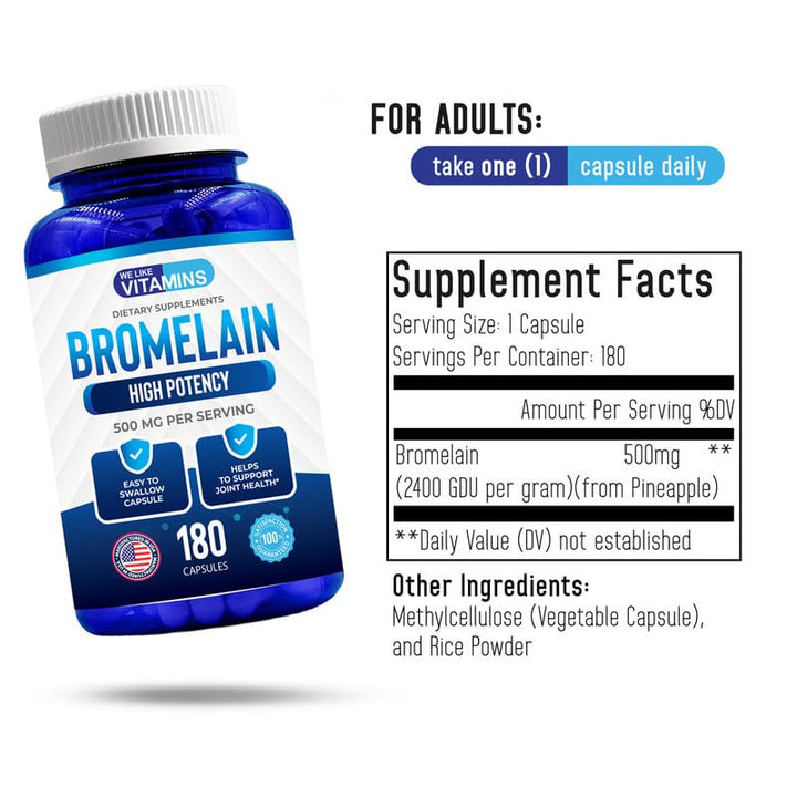 We Like Vitamins Bromelain 500mg Capsules - 2400GDU/g - Bromelain Supplement from Pineapple Extract - Proteolytic Enzymes for Digestion, Absorption, Joint Pain, Muscle Soreness - 180 Capsules