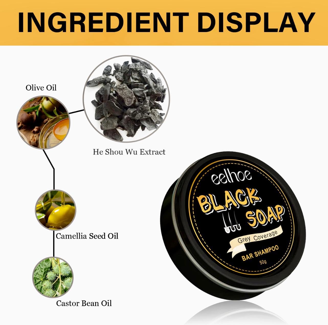 EELHOE Black Soap Bar Shampoo for Hair | Grey Coverage Nutrients | Hair Repair | Natural Ingredients | 50g