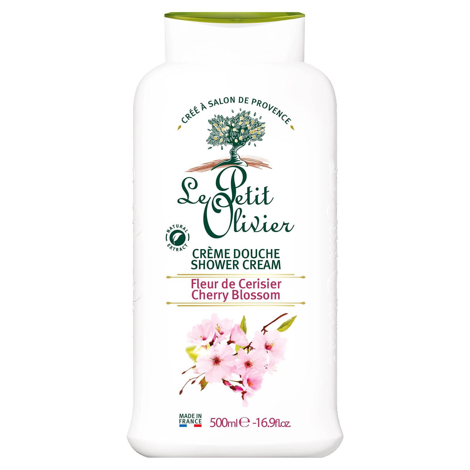 Le Petit Olivier Shower Cream, Cherry Blossom, 16.9 oz - Moisturizing Cream for Sensitive Skin - Natural Extracts - Enriched with Glycerin - pH Neutral - Soap-Free - Dye-Free - In-Shower Body Cream