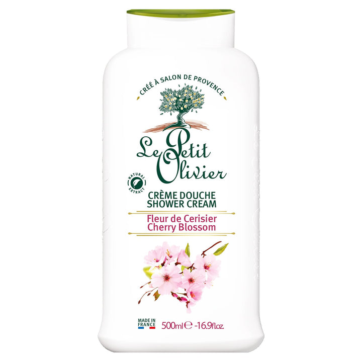 Le Petit Olivier Shower Cream, Cherry Blossom, 16.9 oz - Moisturizing Cream for Sensitive Skin - Natural Extracts - Enriched with Glycerin - pH Neutral - Soap-Free - Dye-Free - In-Shower Body Cream