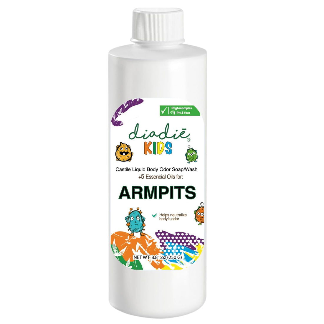 Diadié Kids Natural Castile Liquid Body Odor Soap/Wash, For Armpits, Boys or Girls, Made With 5 Essential Oils, 8.81 oz, 1 Pack