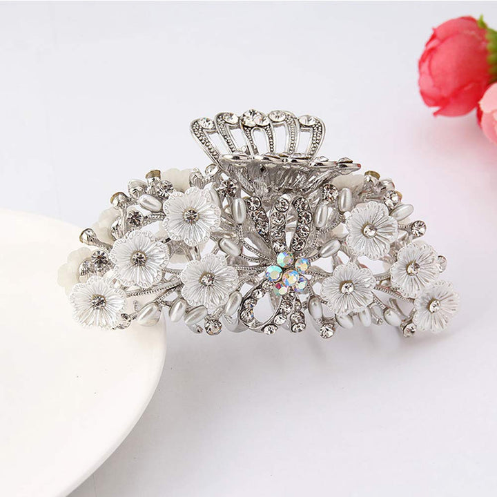 Vintage Metal Rhinestone Fancy Hair Claw Large Size Imitation Pearl Hair Jaw Clips Hair Clasps Accessories for Women Lady (Silver-C#)