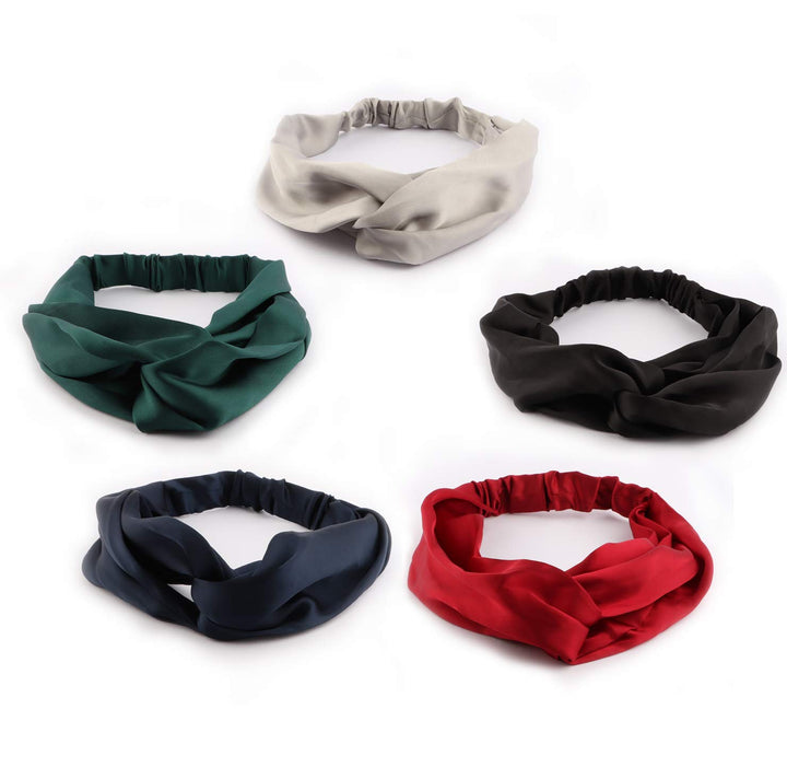 Driew Women Girls Silk Satin Elastic Headbands Head Wrap Turban Twisted Knotted Hairband (Pack of 5)(Multiple colour)