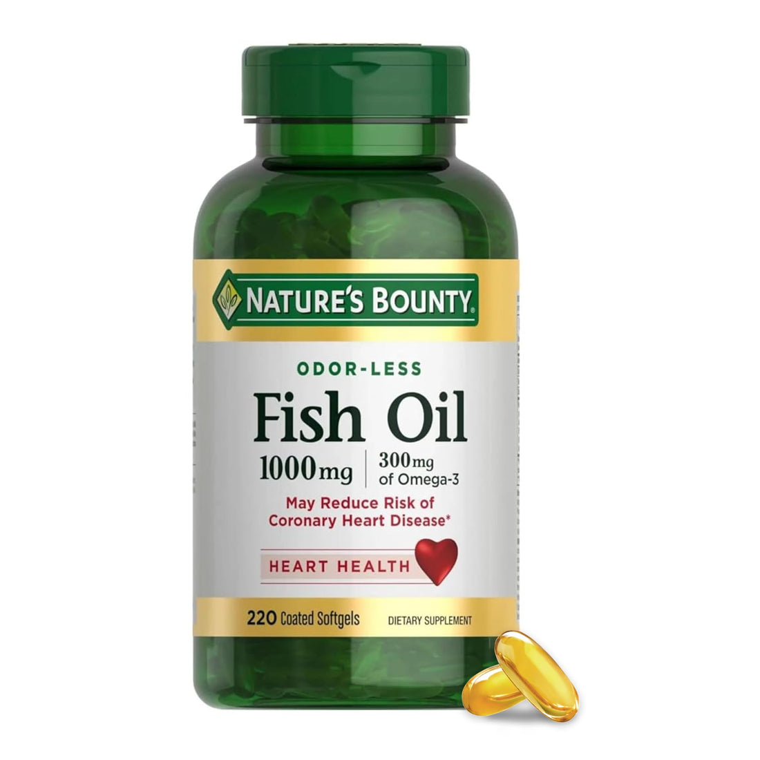 Nature's Bounty Fish Oil, Dietary Supplement, Omega 3, Supports Heart Health, 1000 Mg, 220 Coated Softgels