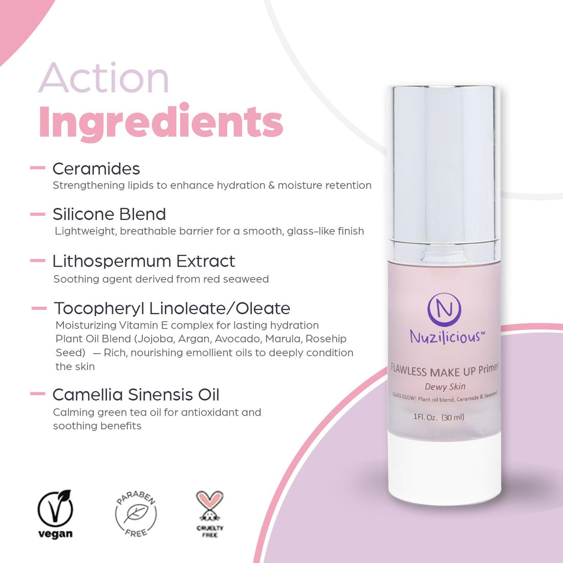 Nuzilicious Professional Grade Flawless Makeup Primer – Achieve Dewy Skin & Effortlessly Blend Makeup with Luxurious Plant Oil Blend, Ceramide & Seaweed Extracts, Vegan & Cruelty-Free, 1 oz