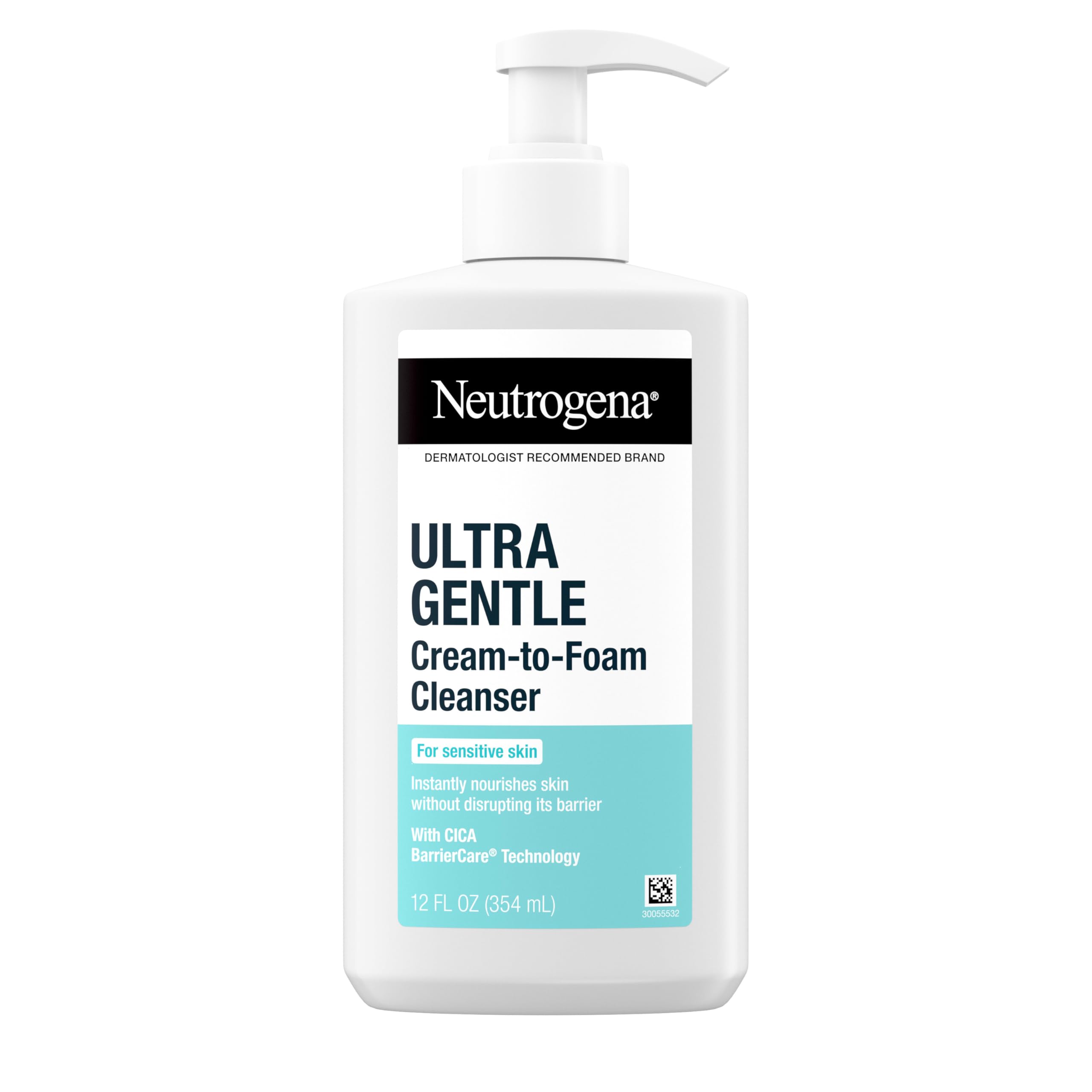 Neutrogena Ultra Gentle Cream-to-Foam Facial Cleanser, Transforms from a Creamy Cleanser to a Foaming Face Wash for Sensitive Skin, Fragrance-Free, Hypoallergenic, Non-Comedogenic, 12 oz