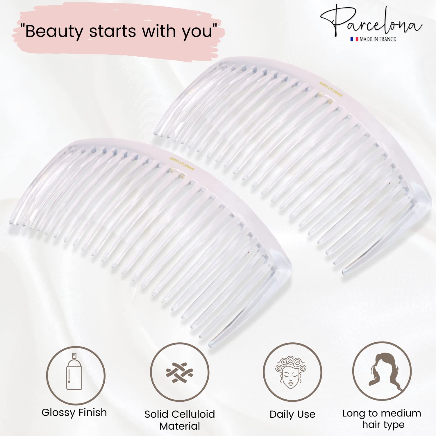 Parcelona French Pair of Clear Crystal Color Large Glossy Cellulose Acetate Good Grip Updo 23 Teeth Hair Side Combs 4.25 Inches
