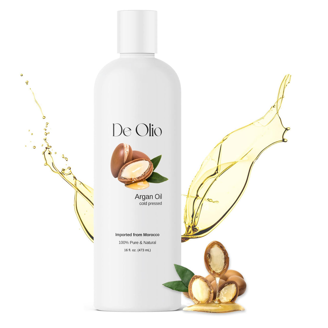 De Olio | Argan Oil of Morocco | 100% Pure & Natural Cold Pressed Argan Oil for Hair, Skin, Face | Refined Moroccan Hair Oil for Moisturizing & Strengthening | 16fl. oz. (473 mL)