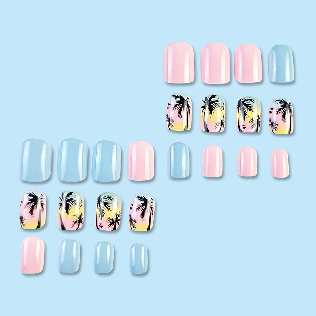 24pcs Short Press-on Nails: Square Fake Nails with Palm Tree, Blue Pink Designs, Glossy Full Cover Acrylic Artificial Nails for Summer