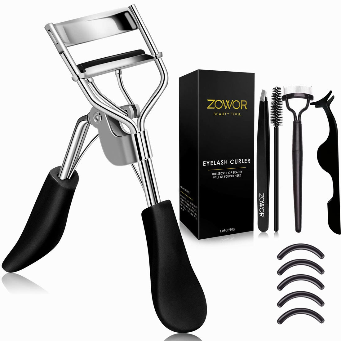 Zowor Eyelash Curler with Comb and Brush Fit All Eye Shape Curved Eyelash Curlers with 5PCS Silicone Refill Pad,Natural and Long Lasting Lash Curler for Women Make Up Gift(Black)