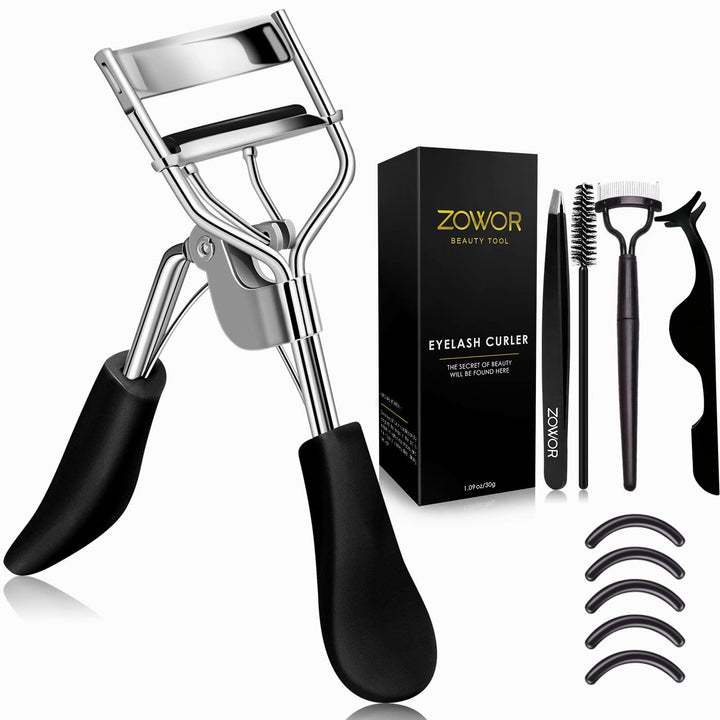 Zowor Eyelash Curler with Comb and Brush Fit All Eye Shape Curved Eyelash Curlers with 5PCS Silicone Refill Pad,Natural and Long Lasting Lash Curler for Women Make Up Gift(Black)
