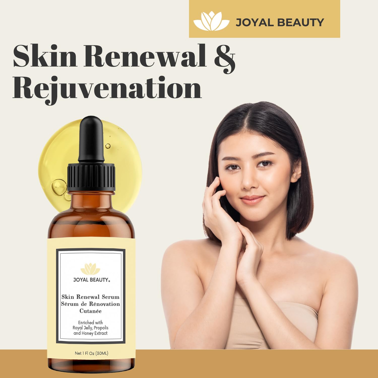 JOYAL BEAUTY Organic Royal Jelly Skin Renewal Serum for Face Skin Eyes. Best Intensive Firming Renewing Resurfacing Solution Enriched with Honey, Bee Propolis for Flawless Baby Soft Skin