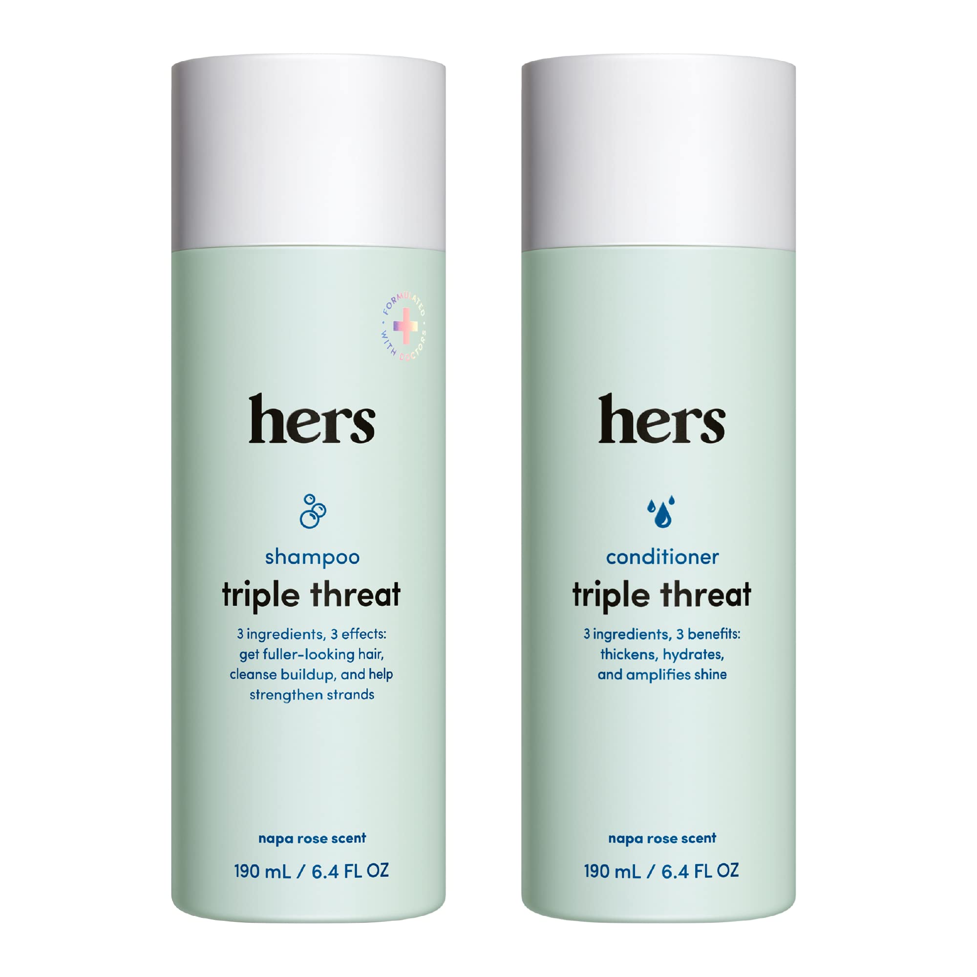 hers Triple Threat Shampoo and Conditioner Set for Women - Thickening, Moisturizing, Reduces Shedding - Color Safe Hair Loss Shampoo and Conditioner - Napa Rose - 2 x 6.4 fl oz