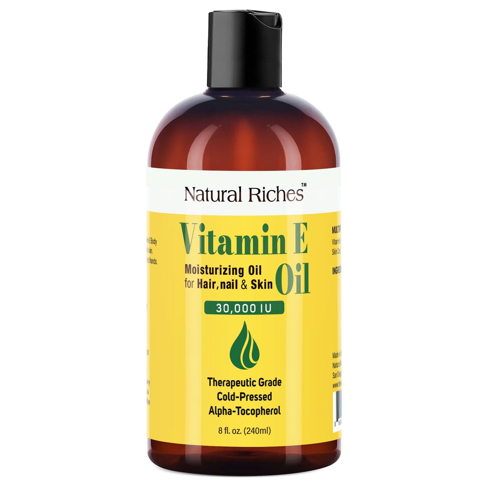 Natural Riches Vitamin E Oil | 100% Pure and Natural Cold Pressed Vitamin E oil for Skin, Scars, Face, Nails, Hair, Scalp 30,000 IU Non-GMO Verified Hair & Body Oil :8 Fl Oz