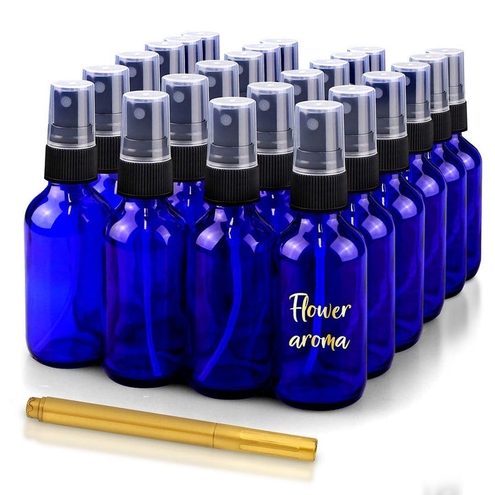 Culinaire 24 Pack Of 2 oz Blue Glass Bottles with Spray Tops and Gold Glass Pen
