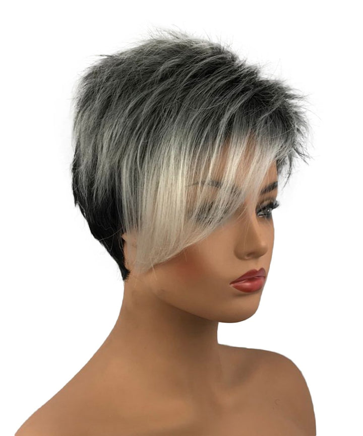 Wiginway 6'' Short Straight Wig For Women Ombre Gray Black Wigs Side Bangs Layered Punk Nightclub Party Wigs