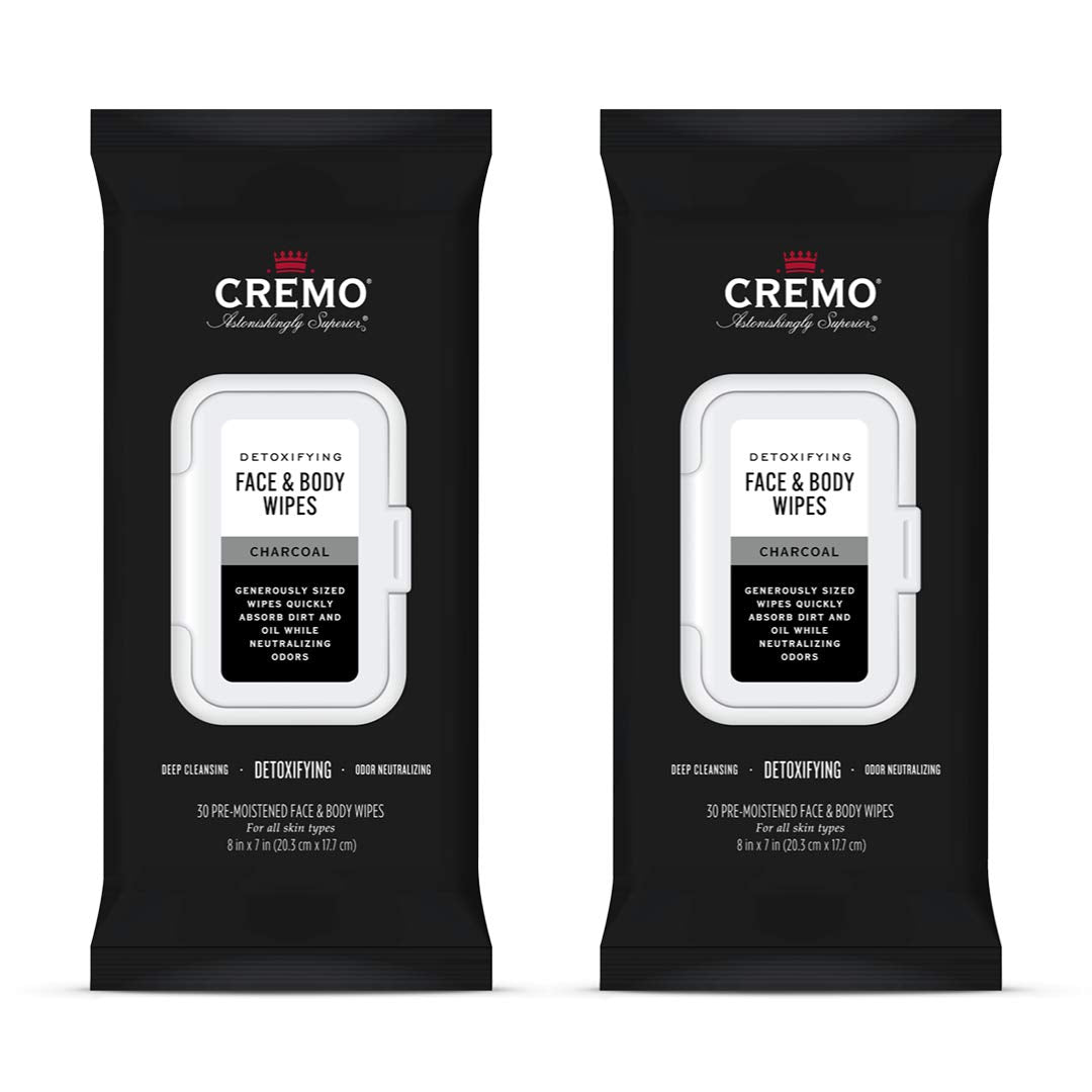 Cremo Activated Charcoal Detoxifying Face & Body Wipes, A Fresh Scent with Notes of Fig, Citrus