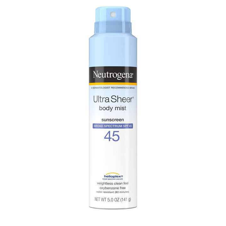 Neutrogena Ultra Sheer Body Mist Sunscreen Spray Broad Spectrum SPF 45, Lightweight, Non-Greasy & Water Resistant, Oil-Free & Non-Comedogenic UVA/UVB Sunscreen Mist, 5 oz, 3 Pack