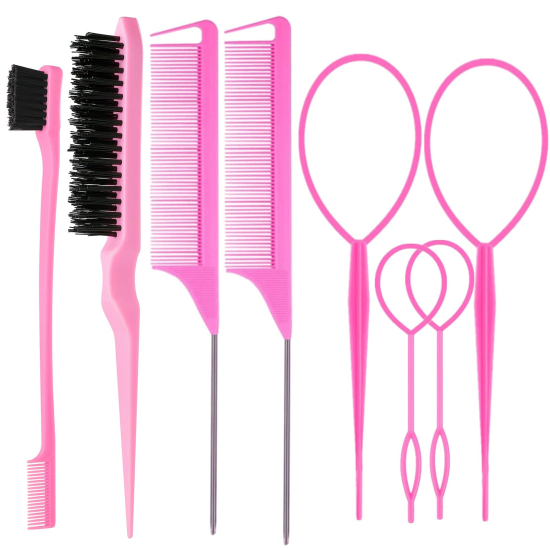 ZVOREI 8Pcs Hair Brushes Set with 4Pcs Topsy Hair Tail Tools 1Pcs Bristle Teasing Hair Brush 1Pcs Edge Control Brush 2Pcs Metal Pin Rat Tail Combs for Woman Girl Styling,Edge&Back Brushing Pink