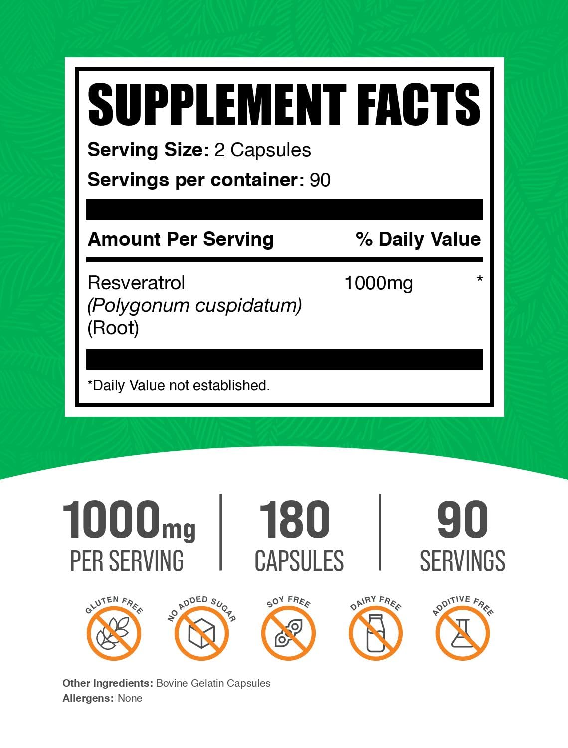 BulkSupplements.com Resveratrol Capsules - Resveratrol Supplement, Antioxidants Supplement, Resveratrol 1000mg - Gluten Free, 2 Capsules per Serving, 180 Capsules (Pack of 1)