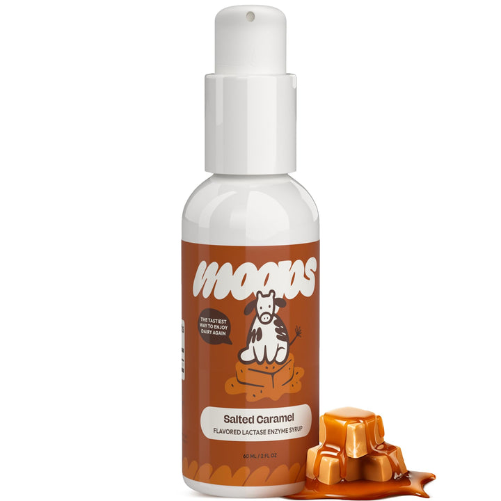 Moops Lactase Enzyme Drops 2oz – Delicious Salted Caramel Flavor – 10,000 FCC Units for Fast Acting Dairy Relief – Customizable Dosing for Lactose Intolerance – Portable Twist-to-Lock Pump