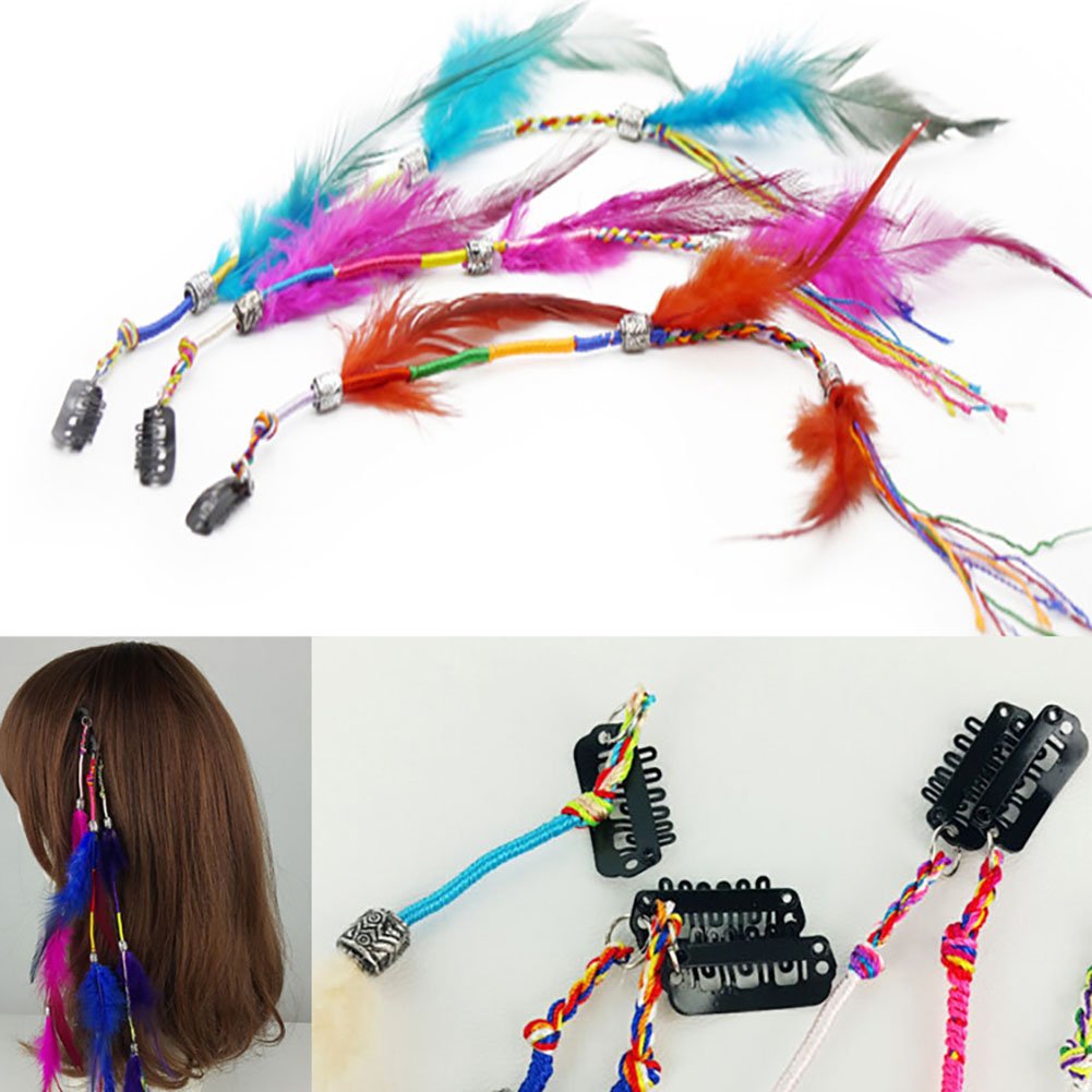 Set of 6 Handmade Boho Hippie Hair Extensions with Feather Clip Comb Hairpin Headdress DIY Accessories for Girls Women Lady