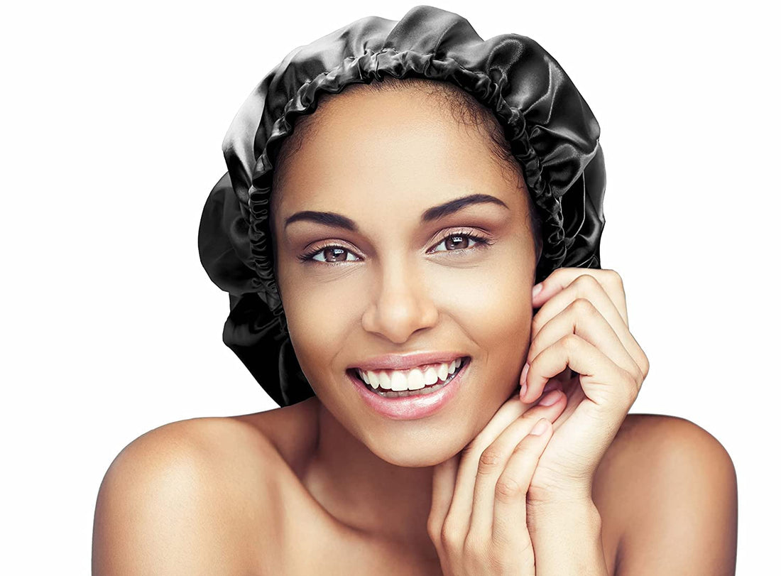 Satin Bonnet-Premium, Extra Large Satin Sleep Bonnet Cap, Double Layered, Reversible, Multi Color, (Purple/Black) Adjustable Satin Cap by Glow By Daye