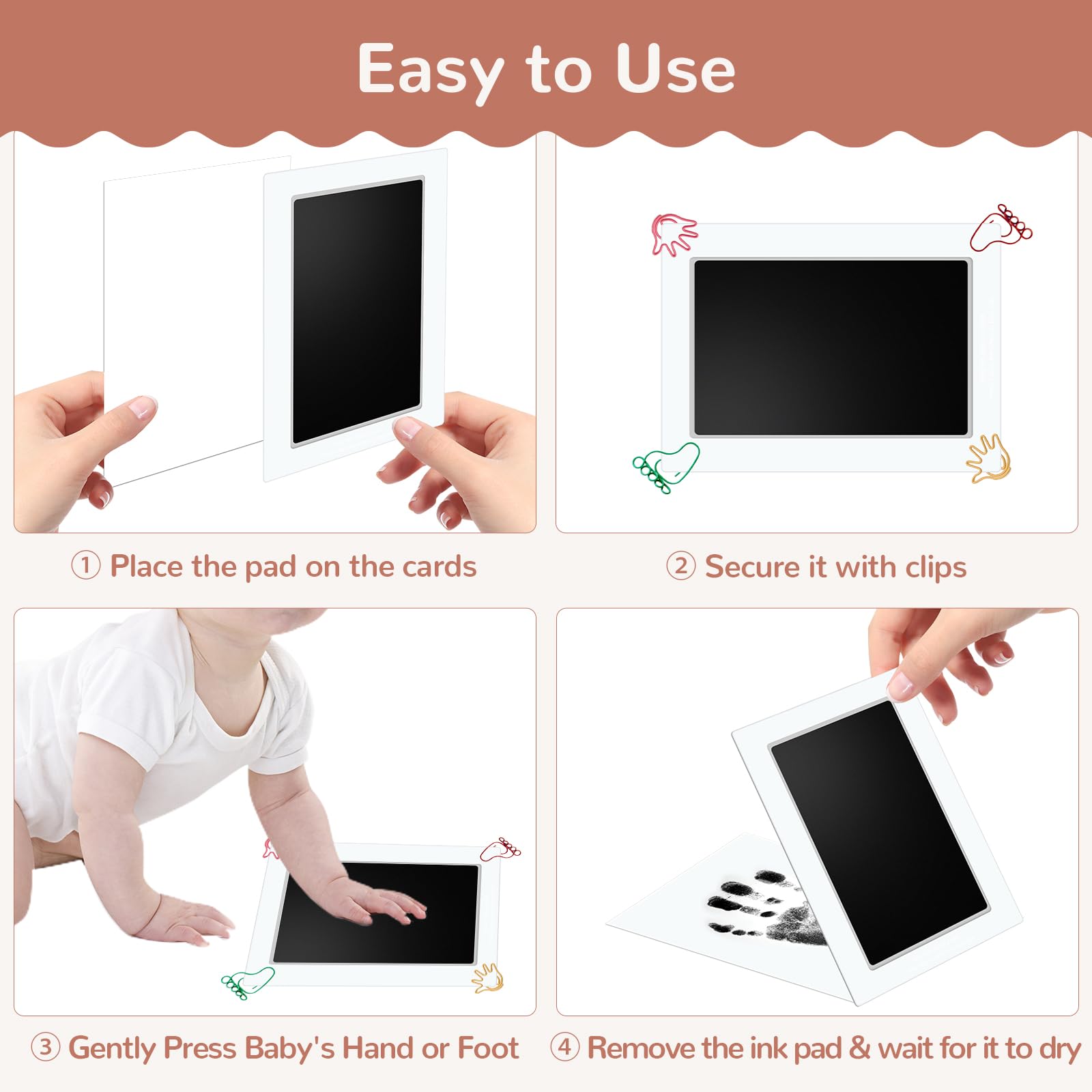 6 x 4 Large Size Baby Inkless Handprint and Footprint Kit with 4 Ink Pads and 8 Imprint Cards by PChero, Ideal for Family Keepsake Newborn Registry Baby Shower Present (Ink Area: 4.9 x 3.14)