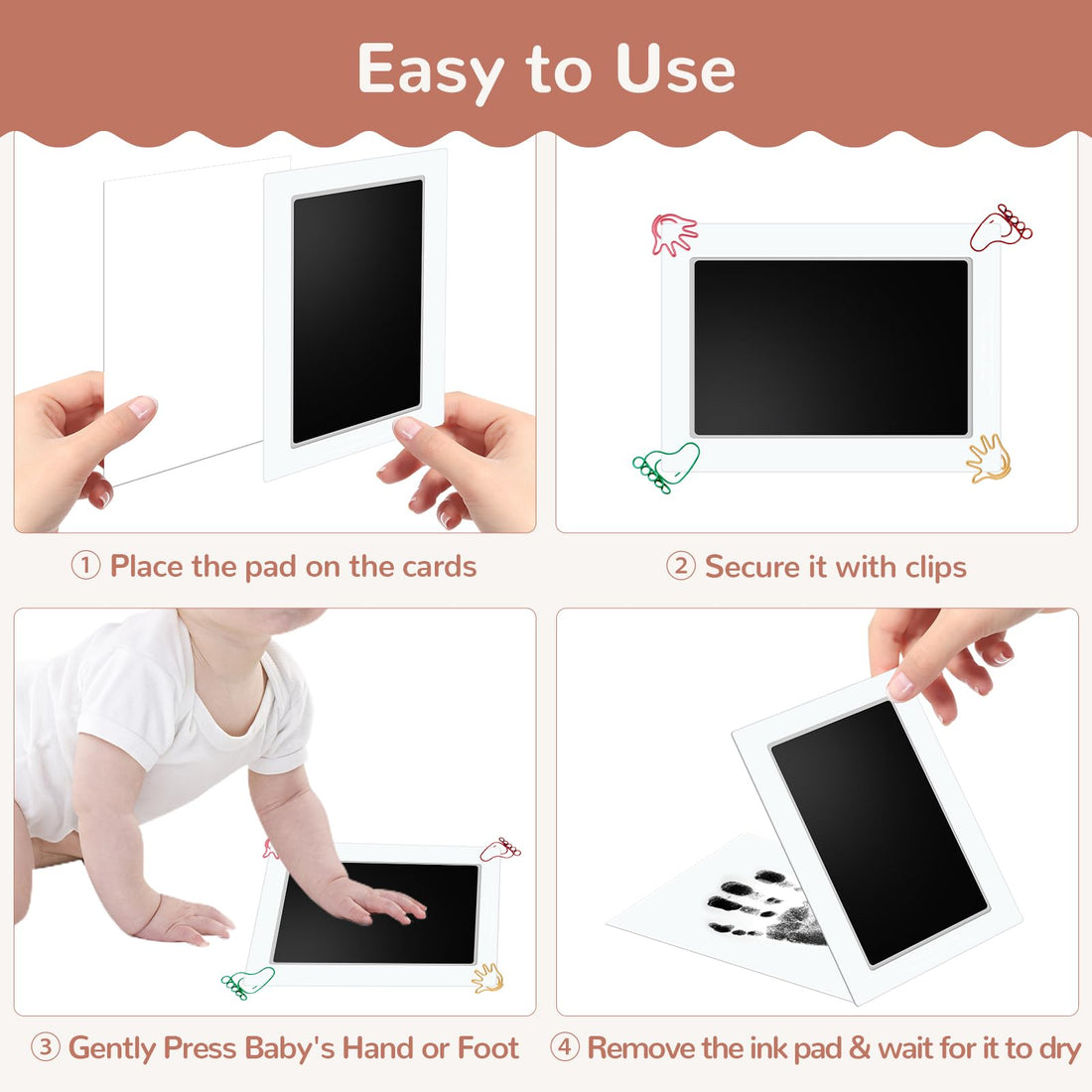 6 x 4 Large Size Baby Inkless Handprint and Footprint Kit with 4 Ink Pads and 8 Imprint Cards by PChero, Ideal for Family Keepsake Newborn Registry Baby Shower Present (Ink Area: 4.9 x 3.14)