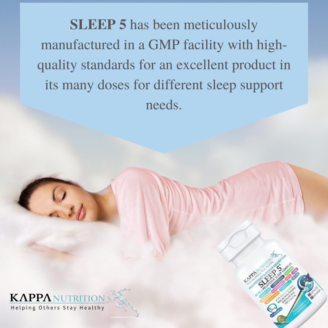 KAPPA NUTRITION Sleep 5, Sleep Aid, 5mg of Melatonin, 60-Day Supply, Non-Habit Forming Vegan Capsules Natural Ingredients for Easier Bedtime, Herbal Supplement, Valerian Root, Chamomile Non-GMO