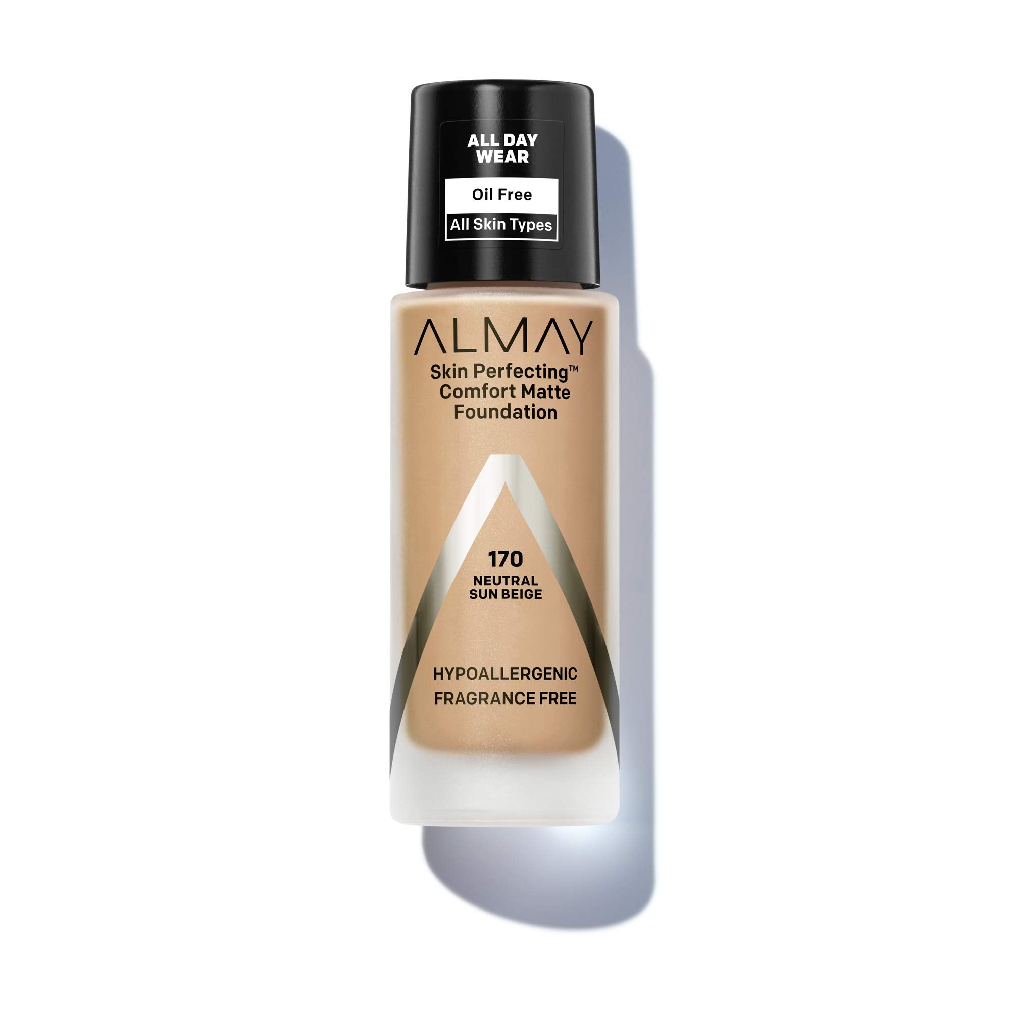 Almay Skin Perfecting Comfort Matte Foundation, Hypoallergenic, Cruelty Free, -Fragrance Free, Dermatologist Tested Liquid Makeup, Neutral Sun Beige, 1 Fluid Ounce