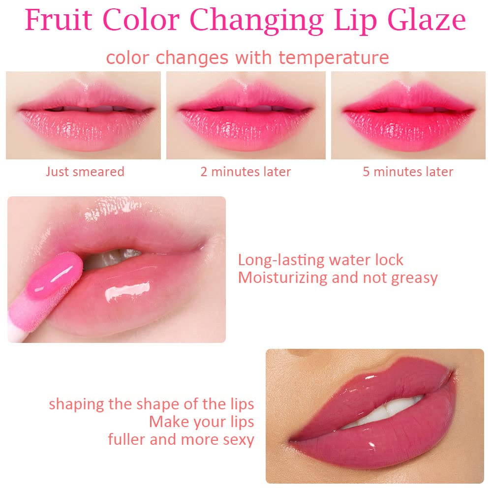 BINGBRUSH 6 Pcs Fruity Color Changing Lip Gloss lipstick, Pink Magic Mood Lip Oil Tinted,Temperature Color Change Lip Stain Lip Balm, Longlasting Lips Will Not Dry Out
